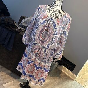 Bohemian Long Sleeve Dress with Blue and Red Patterns